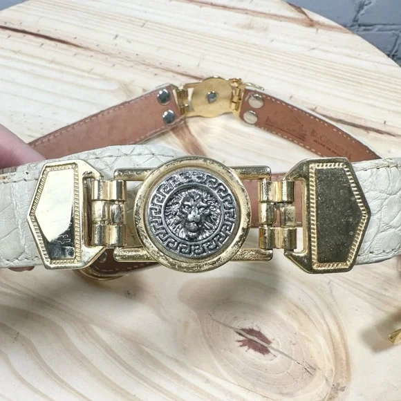 Vintage El General Genuine Caiman Skin Belt Cream Gold Metal Lion Western 40